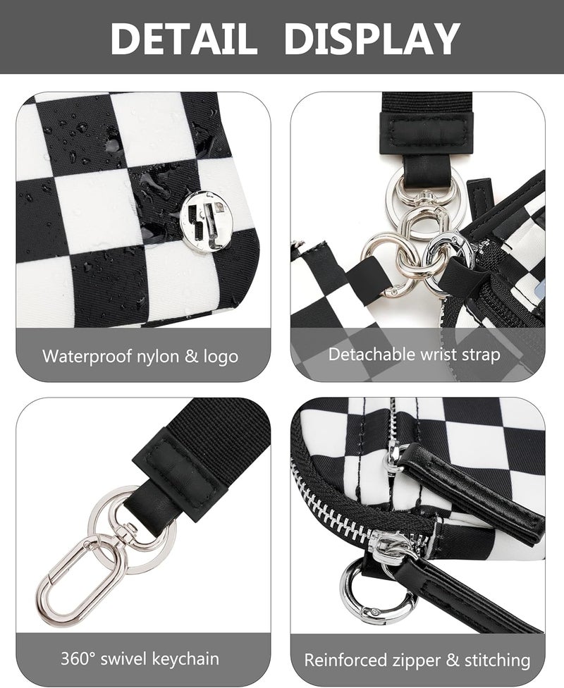 Sunpour Store Nylon Wristlet Checkered Wallets, Dual Pouch Keychain Wristlet Wallet, RFID Small Wallet With Coin Pouch,ID Window For Travel (Black+White) - Image 4